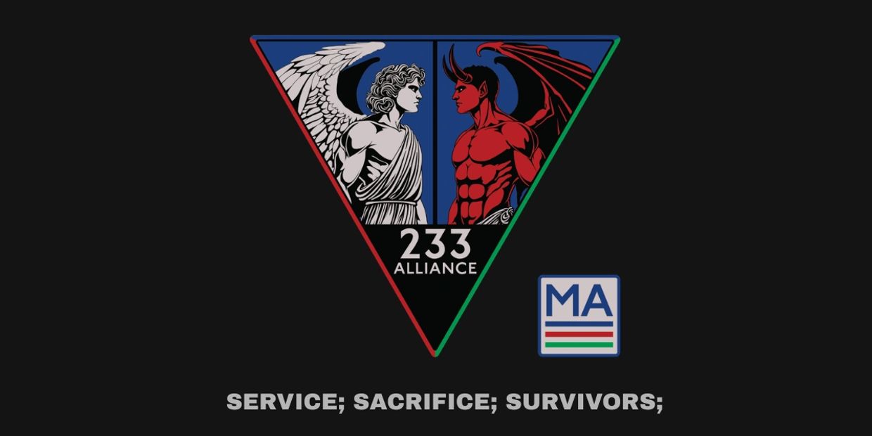 Logo of 233 Alliance with an angel and a demon facing each other.
