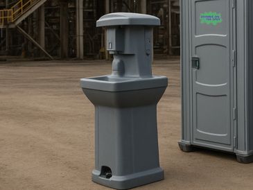 Portable handwashing station next to a portable toilet outdoors.