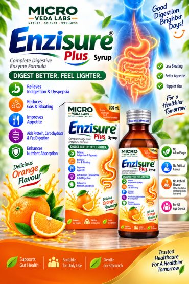 Enzisure Plus Syrup for better digestion and gut health with orange flavor.