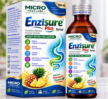 Enzisure Plus digestive enzyme syrup with pineapple flavor by Micro Veda Labs.