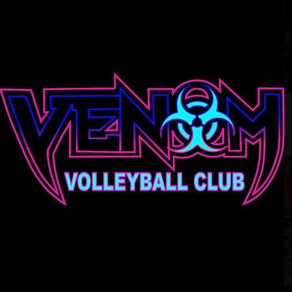 Venom Volleyball Club neon logo with biohazard symbol.