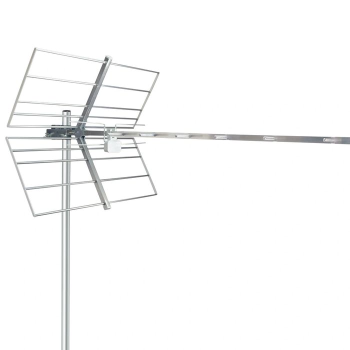 A outdoor Digital TV antenna with a long horizontal arm and grid reflector.