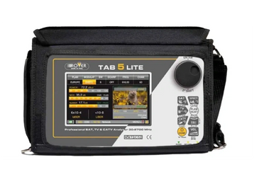 Professional satellite, TV, and CATV analyzer device with screen and control knob.