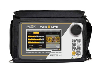Professional satellite, TV, and CATV analyzer device with screen and control knob.