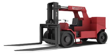 Red industrial forklift with extended forks and large wheels.