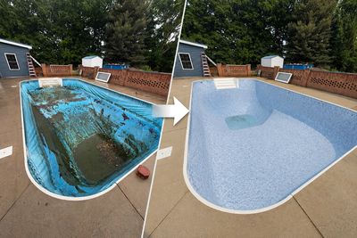 Before and after images of a backyard pool renovation showing extensive repair and cleaning.