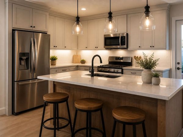 Modern kitchen with a large island, three stools, and stainless steel appliances.