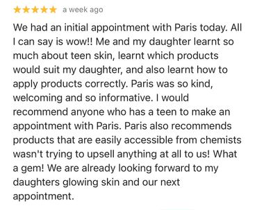 A glowing review praising Paris's skincare advice and kindness.