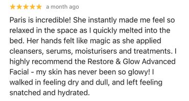 A glowing review praising Paris's Restore &amp; Glow Advanced Facial for hydration and skin glow.