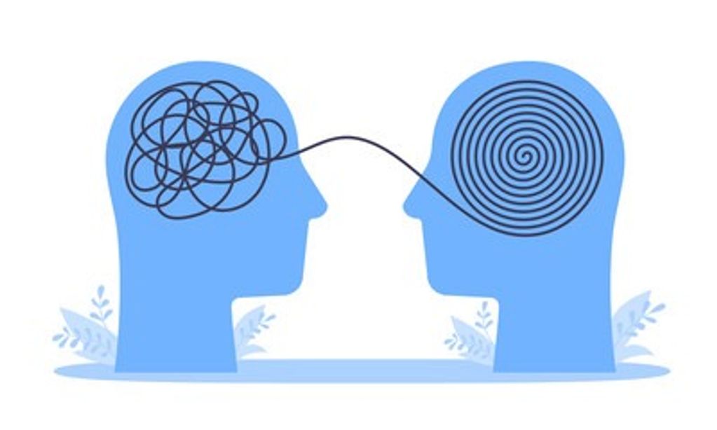 Two blue heads connected, one with a tangled line, the other with a spiral.