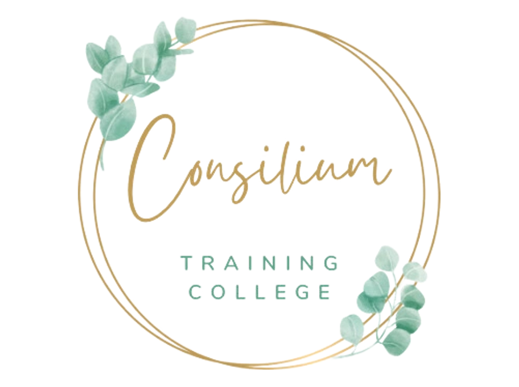 Elegant logo with gold circle and green leaves for Consilium Training College.