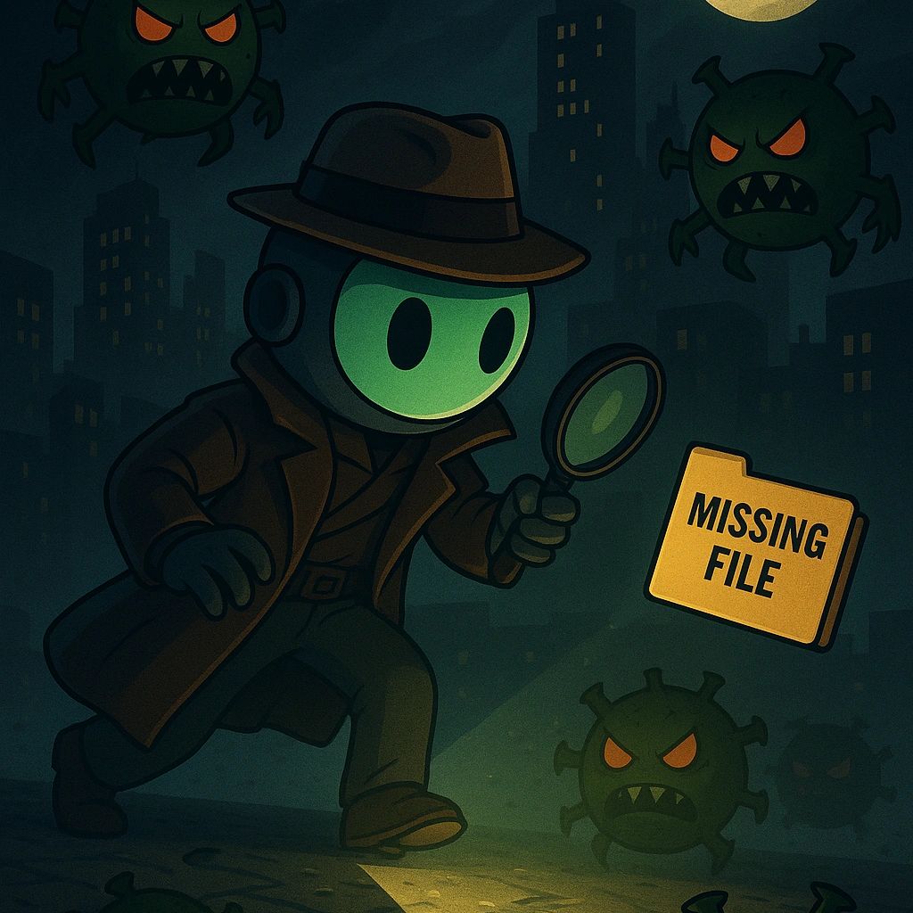 Detective figure investigates 'missing file' amidst menacing virus creatures at night.