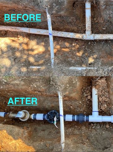 A damaged 2-inch mainline pipe before and after we installed a pressure regulator and master valve.