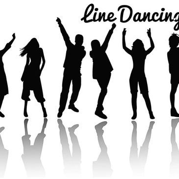Silhouettes of people line dancing with reflections, text reads 'Line Dancing'.