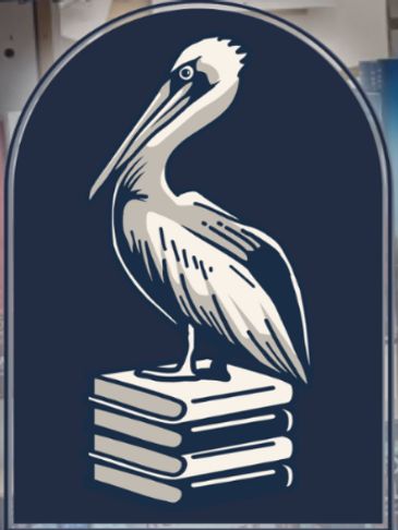 Illustration of a pelican standing on a stack of books inside a navy blue arch.