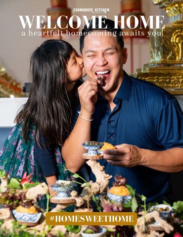Farmhouse Thai Welcome Home page shot of Chef Kasem receiving a kiss on cheek from his daughter