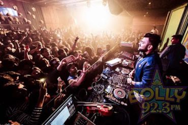DJ performing live at a crowded concert with an energetic audience.