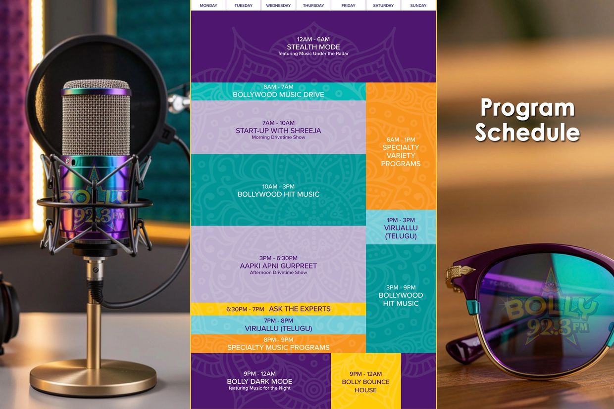 Radio program schedule of Bolly 92.3 FM with various music and specialty shows throughout the day.