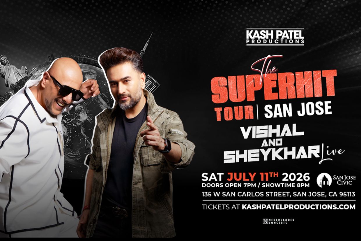Promotional poster for The Superhit Tour in San Jose featuring Vishal and Sheykhar live.