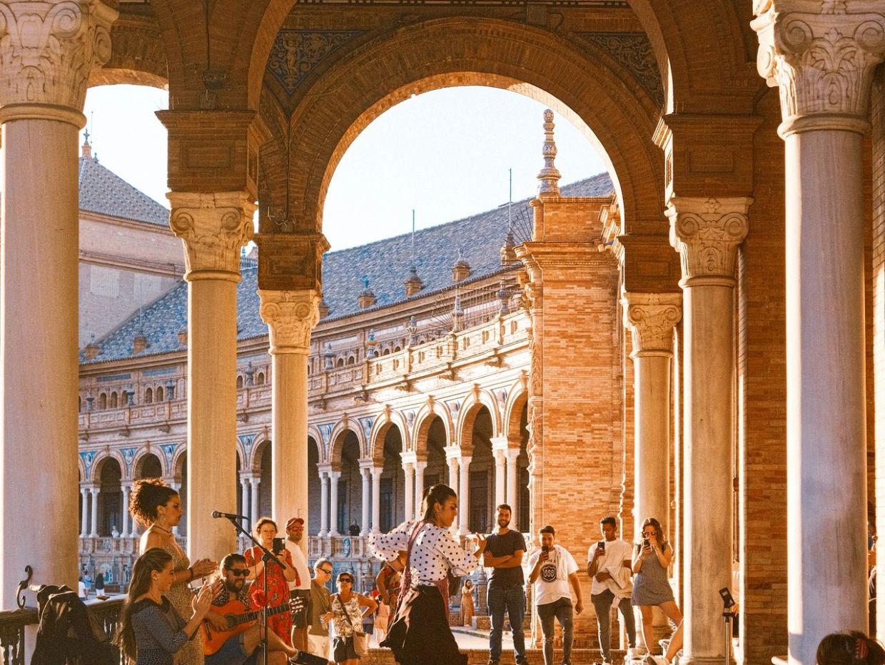 Street performance in a historic plaza.