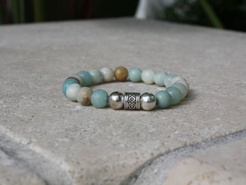 Amazonite Beaded Bracelet with Silver Accents. Elastic Cord.