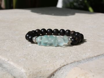 Ebony Beaded Bracelet with Tumbled Sea Glass Accents. Elastic cord.