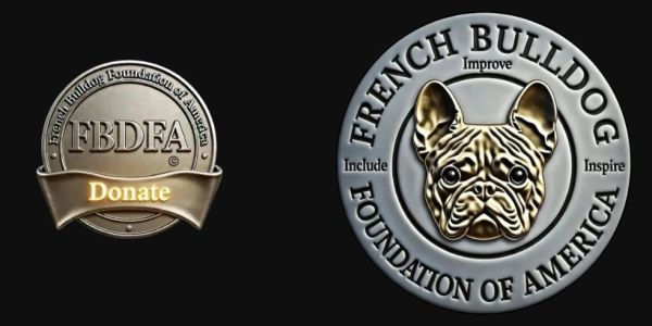 Two French Bulldog Foundation of America badges, one with a dog image and one with a donate ribbon.