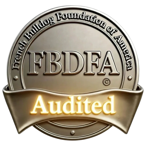 Metallic badge for the French Bulldog Foundation of America, marked 'Audited'.