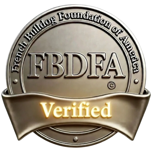 Seal of the French Bulldog Foundation of America with 'Verified' banner.
