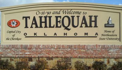 Welcome sign for Tahlequah, Oklahoma, the Cherokee capital city.