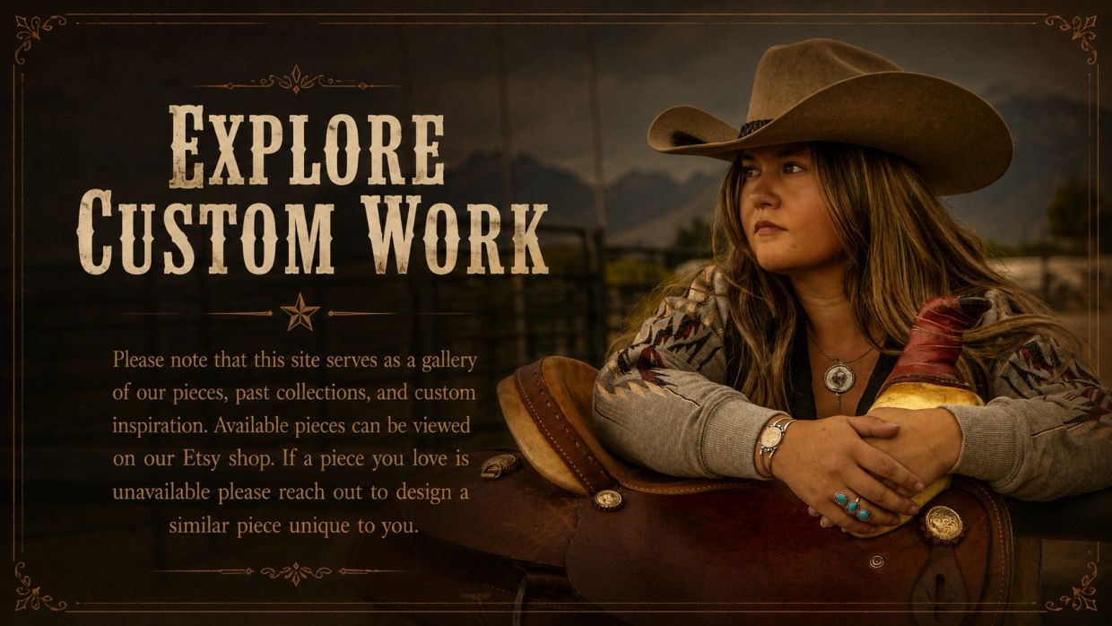 Cowgirl promoting custom work gallery on Etsy.