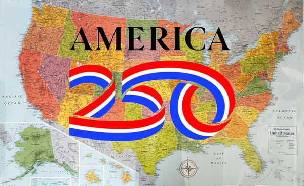 Map of the United States with colorful 250 text and America label.