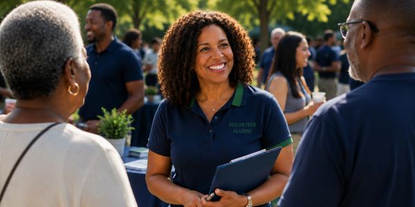 volunteer woman talking to people