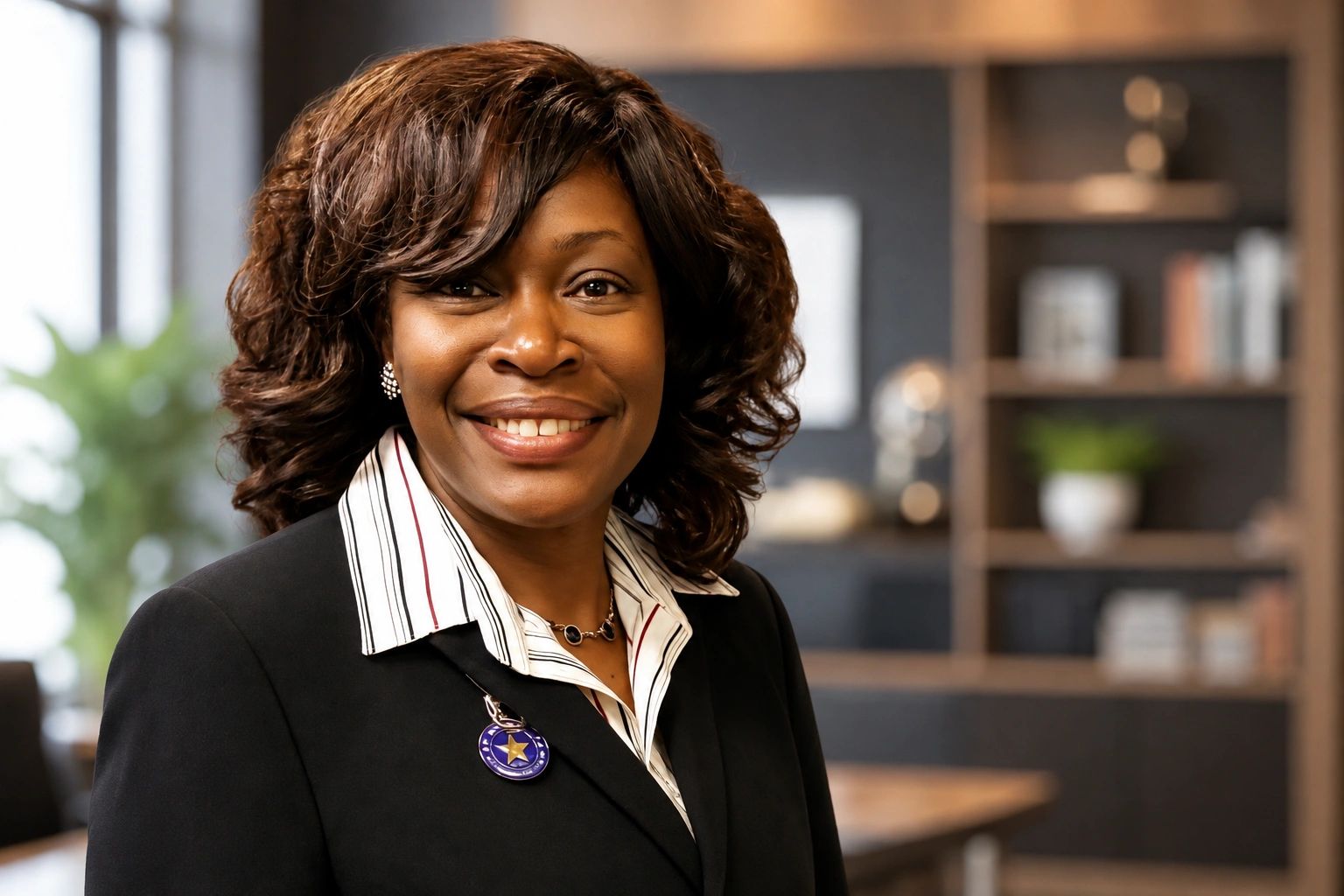 Professional woman smiling indoors in business attire.