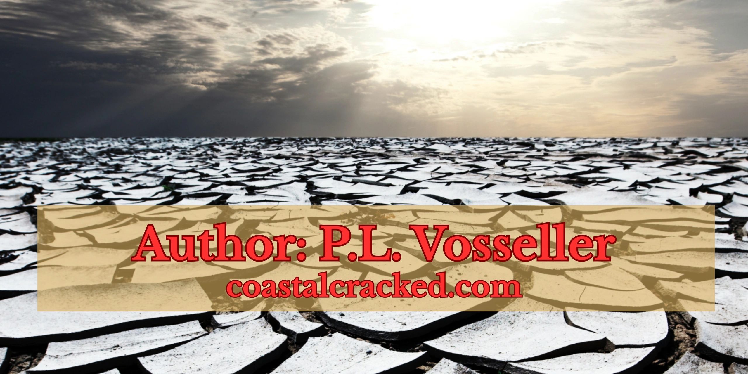 Cracked dry earth under a cloudy sky with author credit overlay.