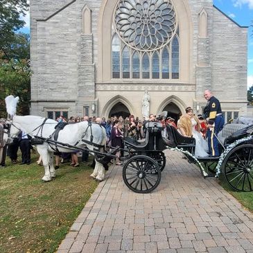 Horse-drawn carriage outside a large stone church with a crowd gathered.
