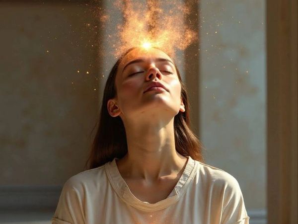 Woman meditating with glowing light and sparks emanating from her forehead.