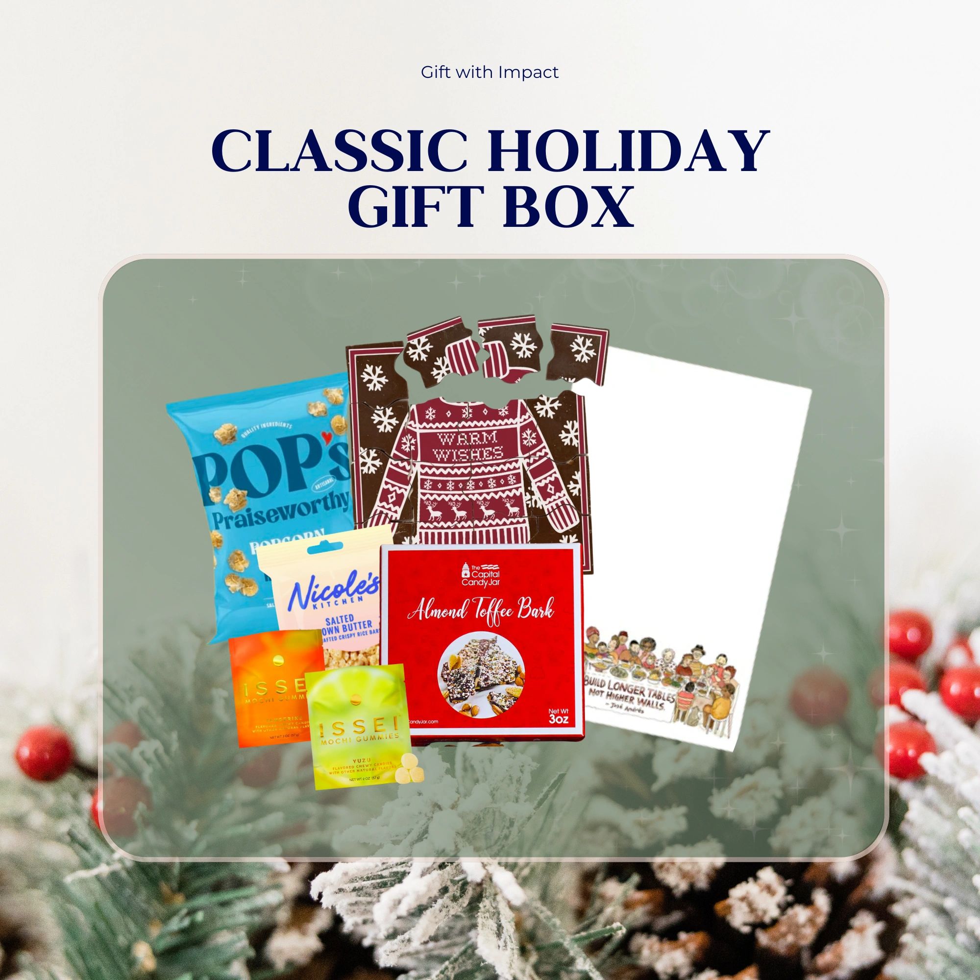 Photo of Classic Holiday Gift Box featuring 7 sweet and savory treats made by small businesses.