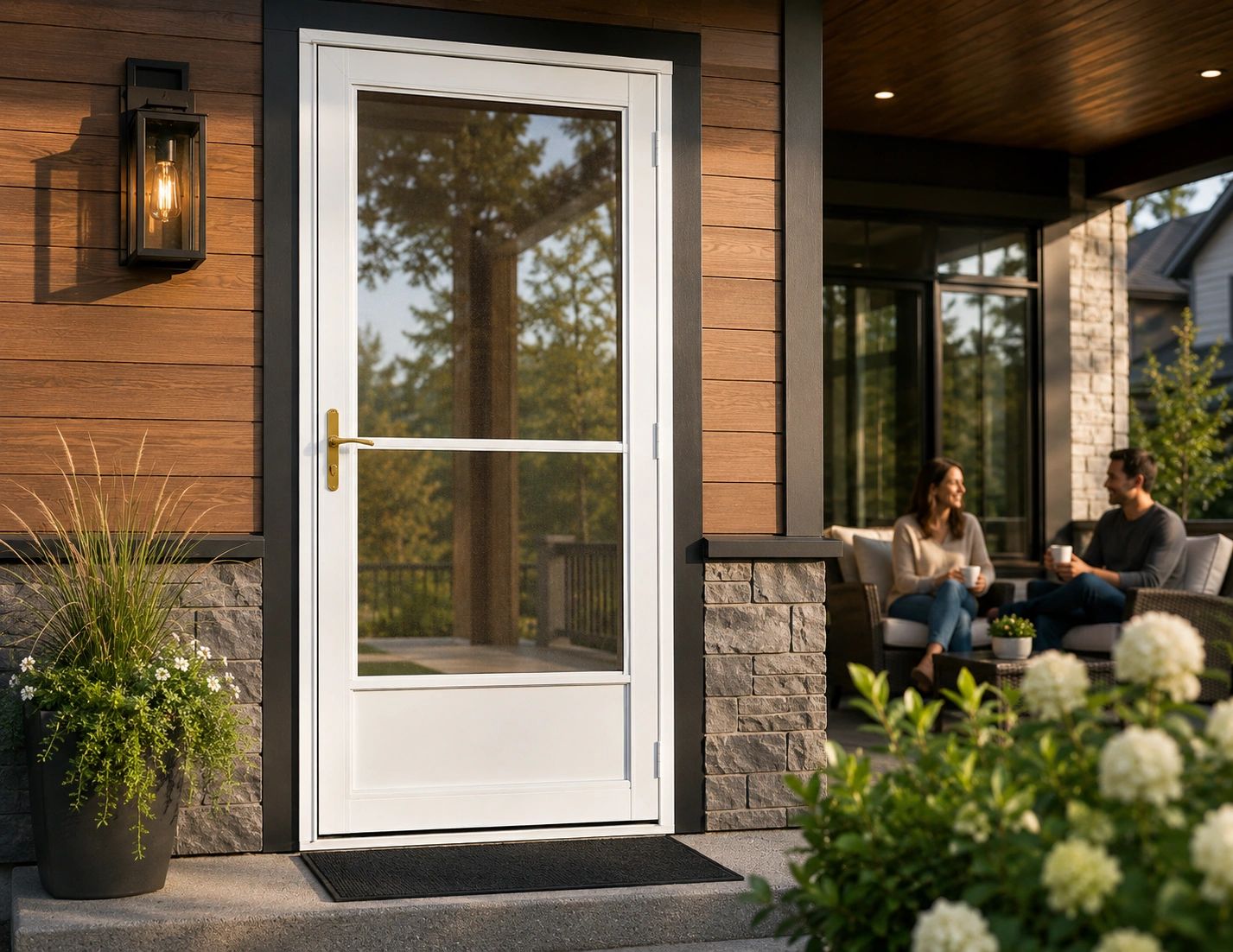 Modern porch with white door and people chatting.