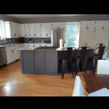 Dark island, light kitchen cabinets