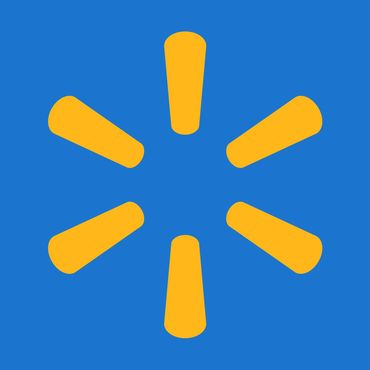 Walmart logo with six yellow rays on a blue background.