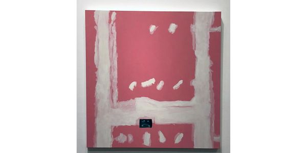 Abstract pink and white painting with small black detail.