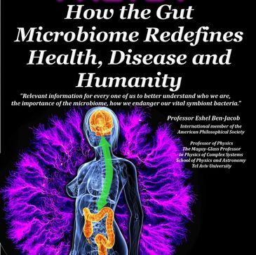 Illustration of the human gut and microbiome with a title about gut microbiome's impact.