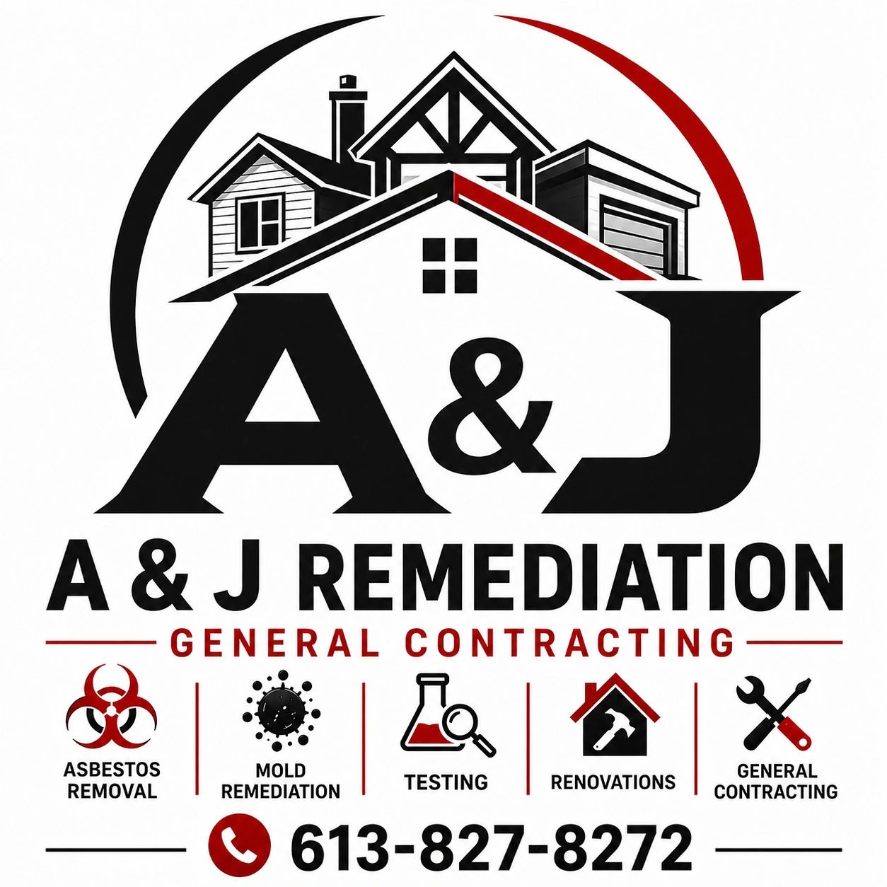 Logo for A &amp; J Remediation offering asbestos removal and general contracting services.