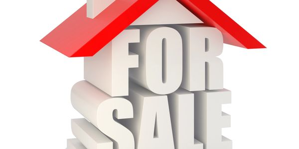 3D house shape with 'FOR SALE' text inside, symbolizing property sale.