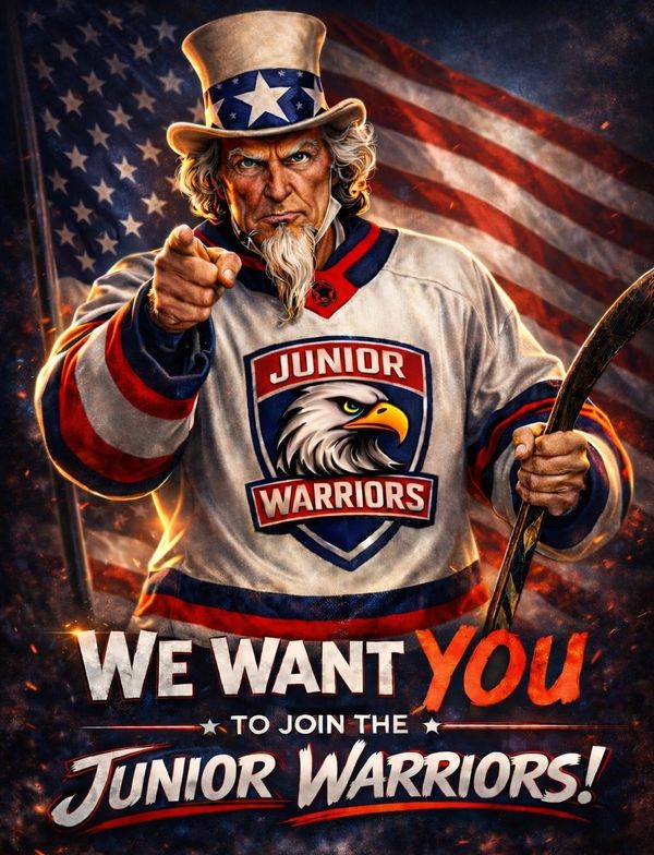 Uncle Sam urges to join Junior Warriors hockey team.