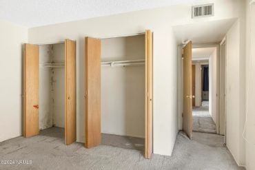 Empty room with open wooden closets and hallway.
