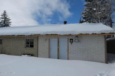 Snow-covered house with double doors and snowy roof.