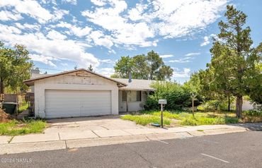 Single-story house with overgrown front yard under partly cloudy sky.