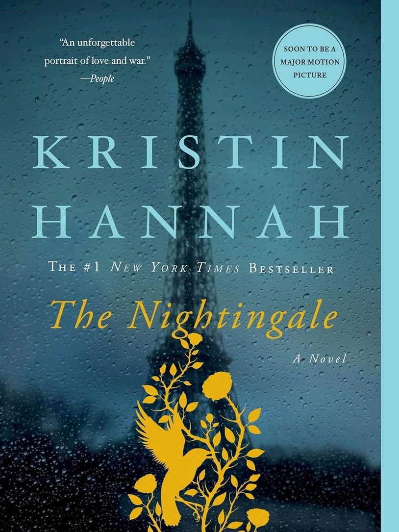 Book cover of "The Nightingale" by Kristin Hannah with a rainy Eiffel Tower background.